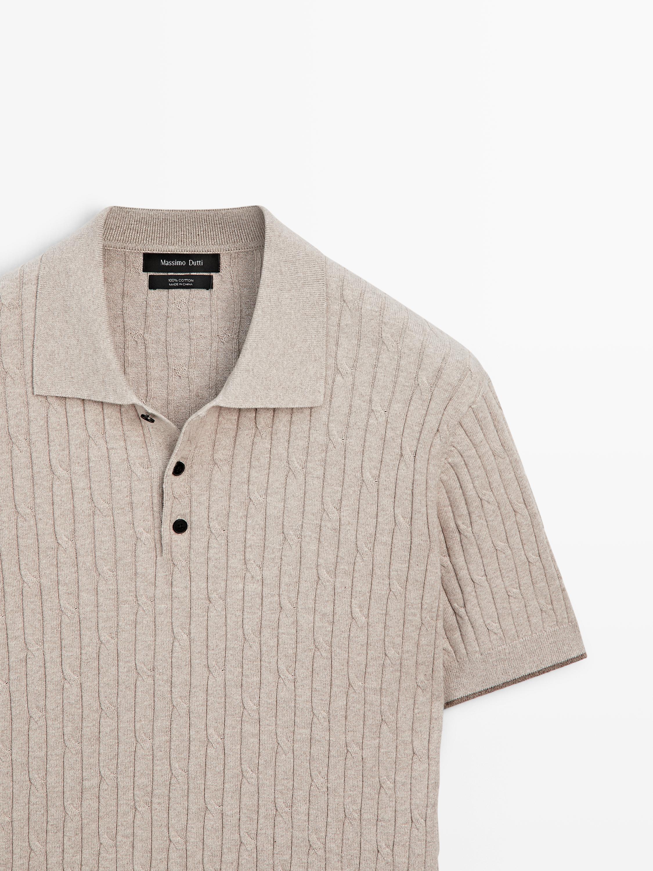 Cotton blend cable-knit polo sweater